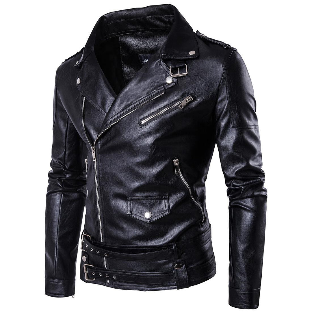 High-quality leather biker jacket for men with asymmetrical zipper and decorative buckles Chic und Stil