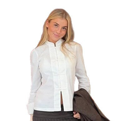Ladies Tailored Mandarin Collar Blouse with Concealed Button Placket and Straight Hem Amarae