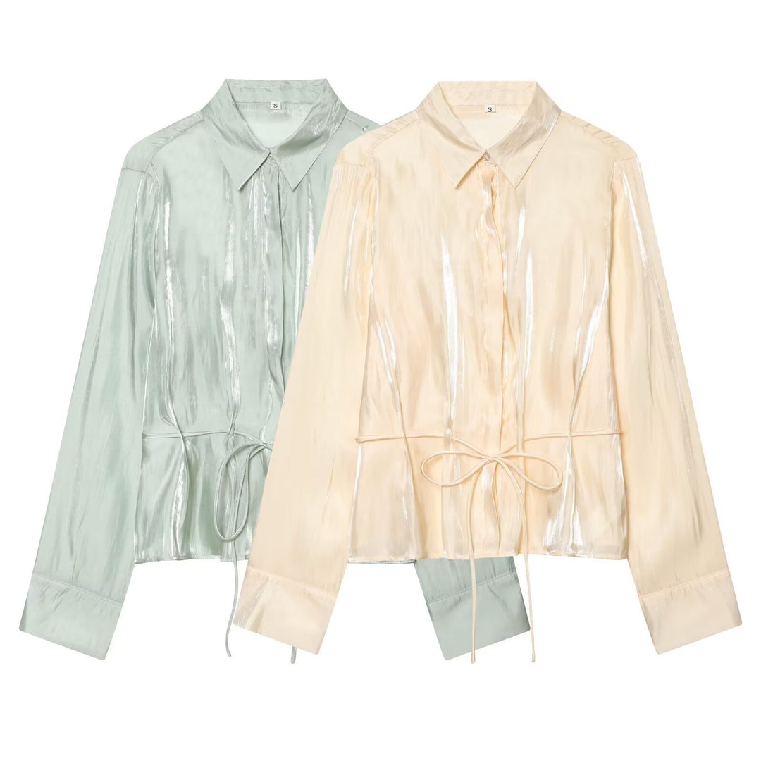 Women's Lightweight Satin Blouson in Crop Cut with Shirt Collar and Drawstring Detail