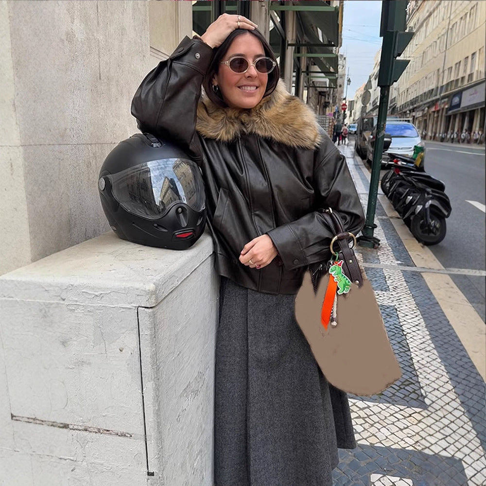 Women Boxy Faux Leather Blouson with Removable Faux Fur Collar and Concealed Button Placket Amarae