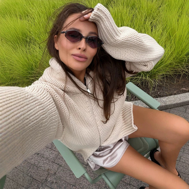 Women's chunky knit zip cardigan with high collar Amarae