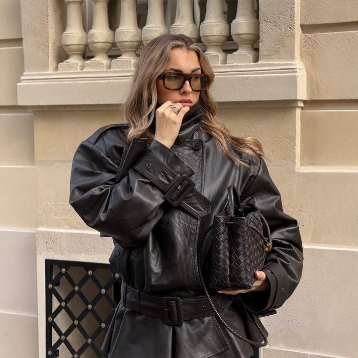 Women Oversized Leather Trench with Wide Waist Belt, Buckle Sleeves and Stand Collar Amarae