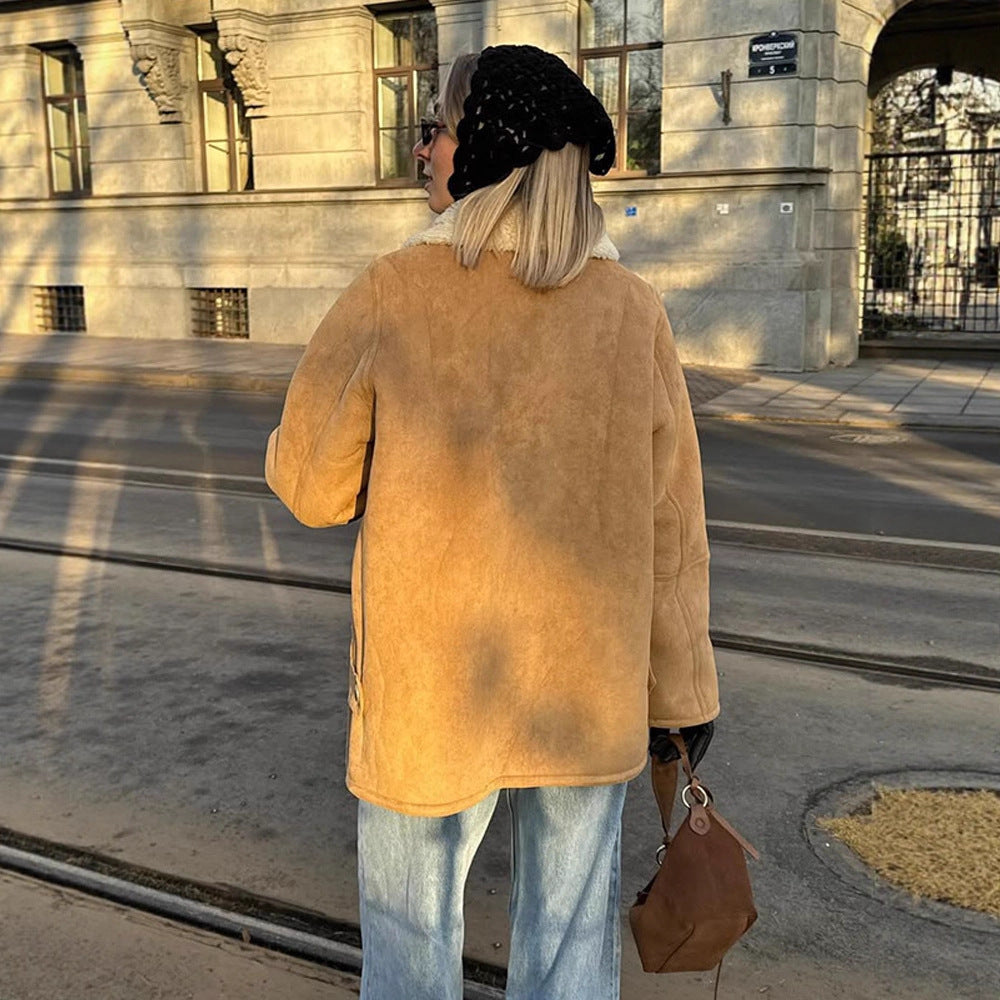 Women's Boxy Lambskin Look Coat with Folded Teddy Collar Amarae