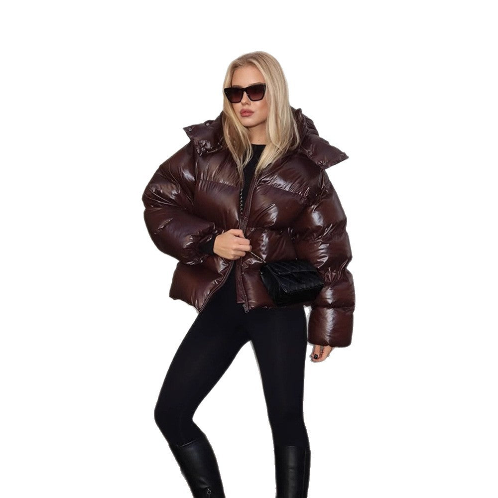 Women's Oversized Puffer Jacket in Patent Look with High Collar and Padded Lining Amarae
