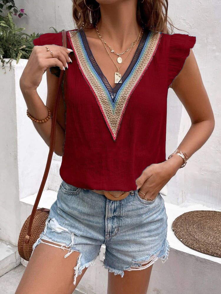 Embroidered V neck blouse for women with ruffle sleeves Lune London