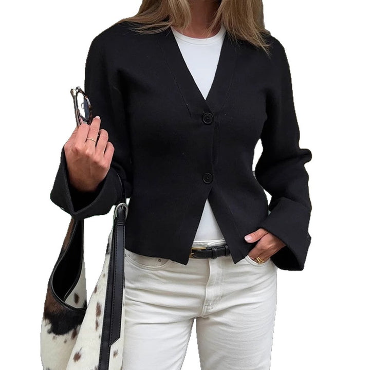 Women's Tailored Fine Knit Jacket with Deep V-Neck and Wide Cuffs Amarae