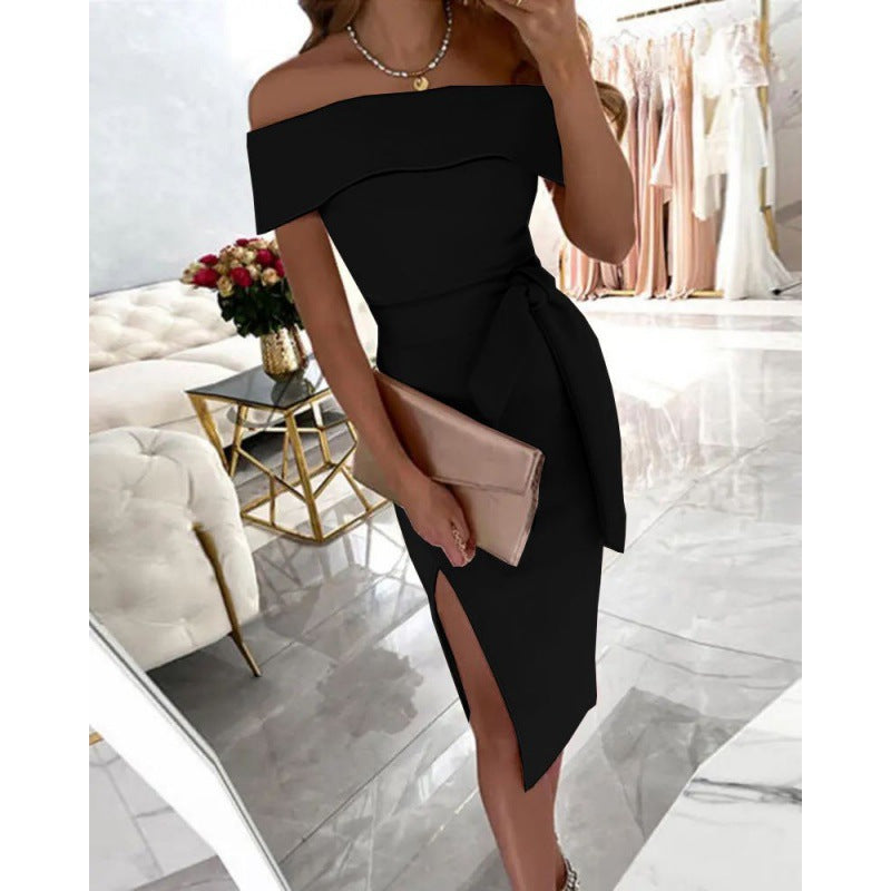 Elegant bodycon dress for women with off-shoulder design, side slit and bow detail Lune London