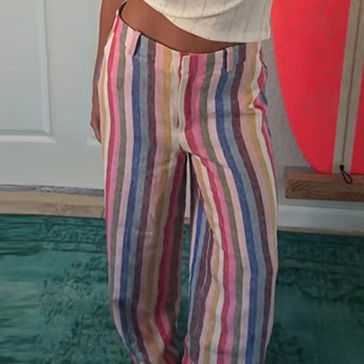 Women’s linen pants with wide leg, high waist & colorful striped pattern Amarae