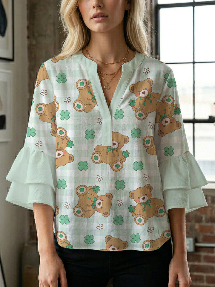 Women's blouse with voluminous wing sleeves and intense leaf pattern Lune London