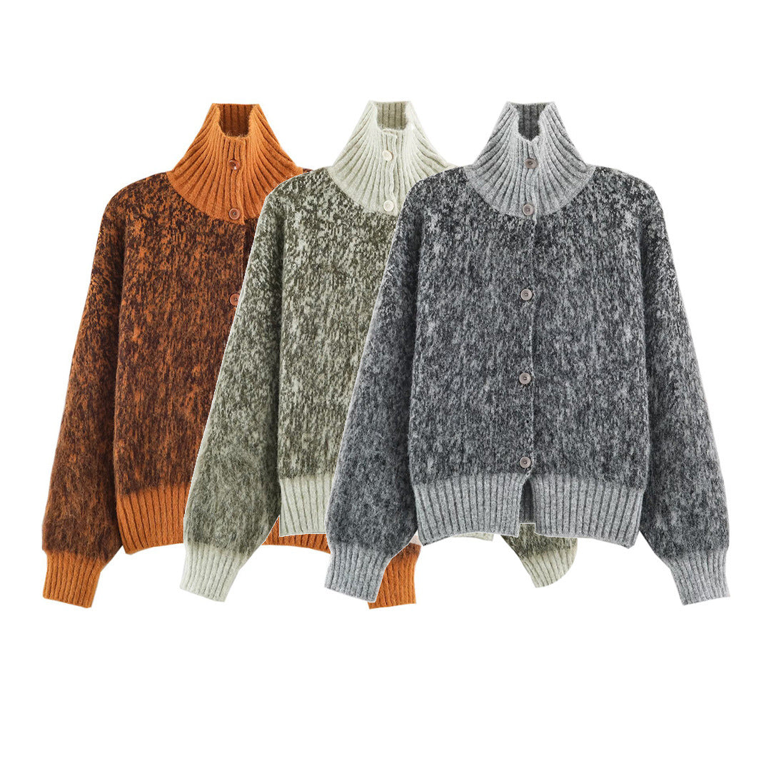 Women Oversized Cardigan made of plush material with high ribbed collar and button placket Amarae