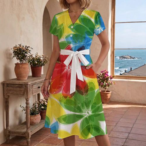 Women’s midi dress with colorful floral design and adjustable tie belt Amarae