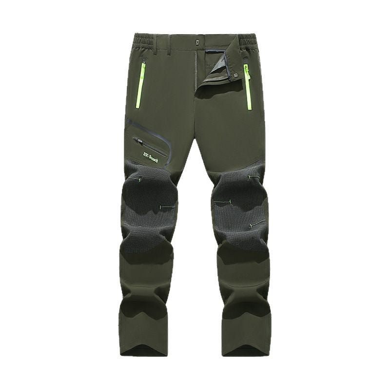 Men's softshell outdoor pants with reinforced knee sections, zippered pockets, and elastic waistband Amarae