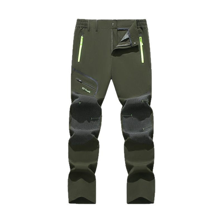 Men's softshell outdoor pants with reinforced knee sections, zippered pockets, and elastic waistband Amarae