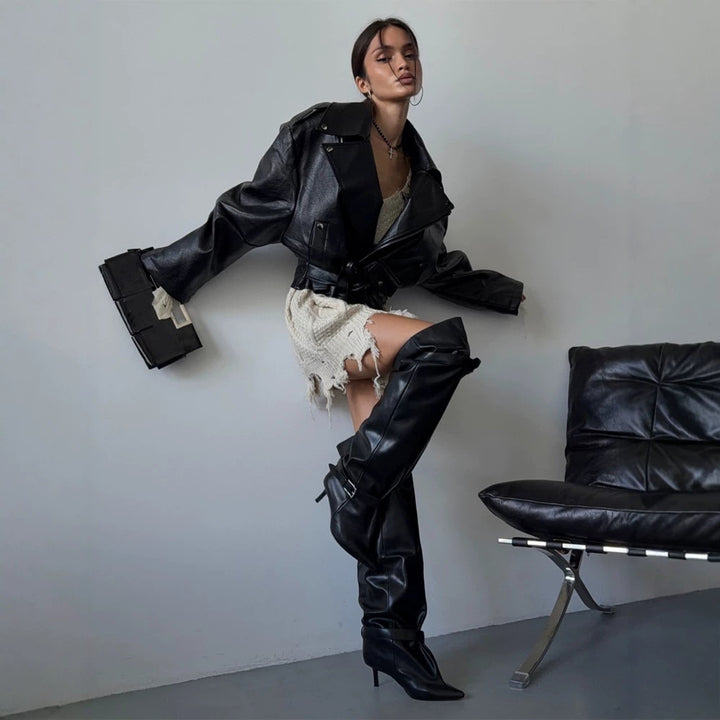 Women's Oversized Biker Jacket made of vegan leather imitation with waist belt & epaulettes Amarae