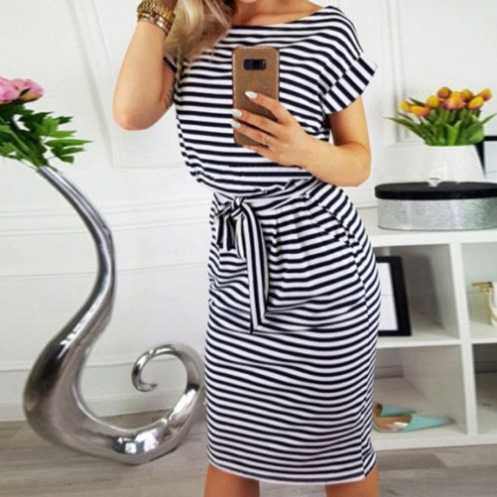 Elegant striped dress for women with tie belt Lune London