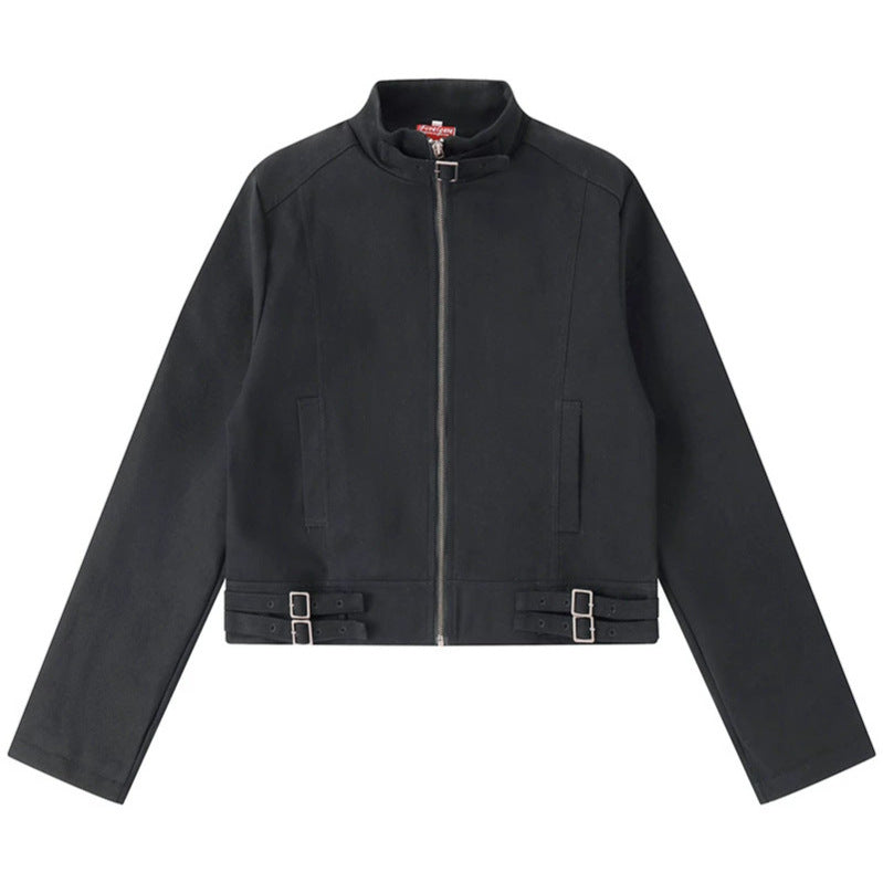 Women's Short Cut Cotton Utility Jacket with Stand-Up Collar Front Zip and Adjustable Waist Straps Amarae