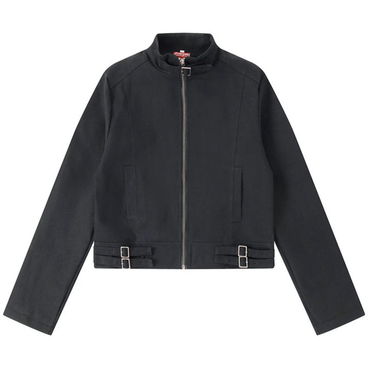 Women's Short Cut Cotton Utility Jacket with Stand-Up Collar Front Zip and Adjustable Waist Straps Amarae