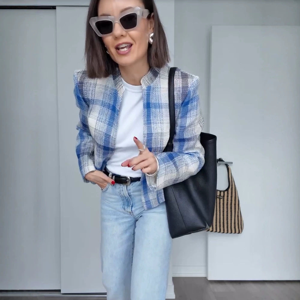 Women Boxy Checkered Short Blazer with Stand-Up Collar and Structured Shoulder Amarae