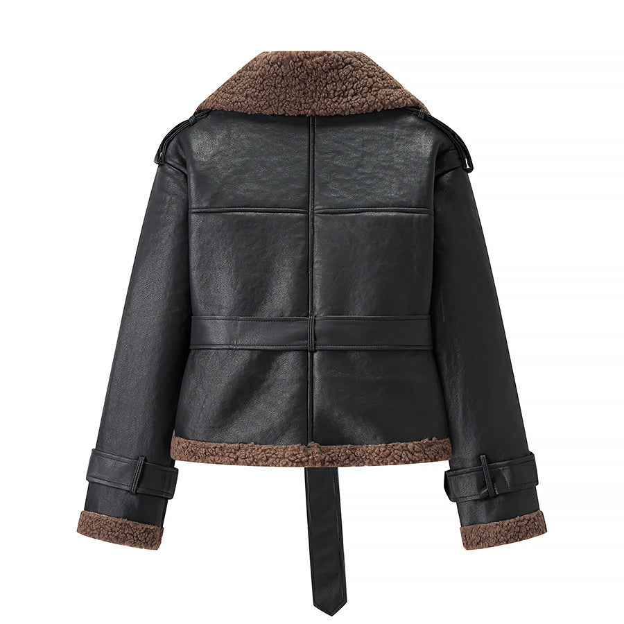 Women's synthetic leather jacket with fur collar and fitted cut Lune London