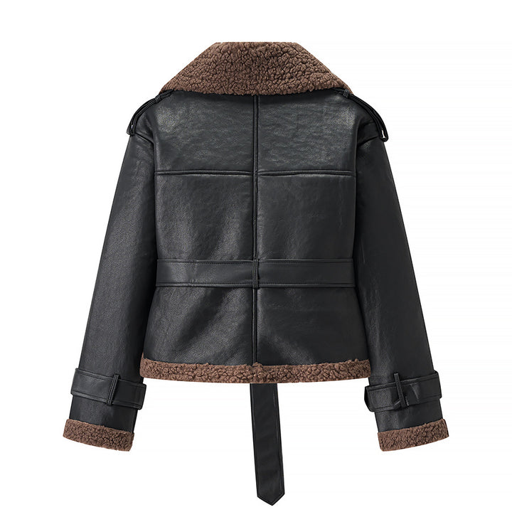 Women's synthetic leather jacket with fur collar and fitted cut Lune London