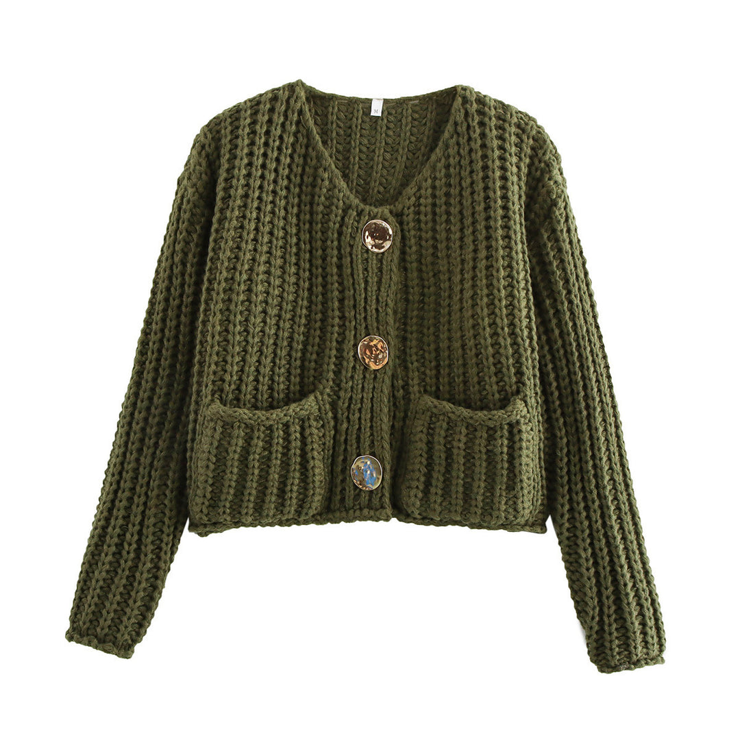 Ladies Sweatshirt in Knit with Large Buttons and Patch Pockets Lune London