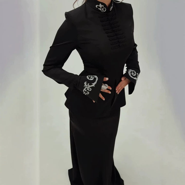 Women tailored satin jacket with mandarin collar, decorative cord closures and embroidered cuffs Amarae