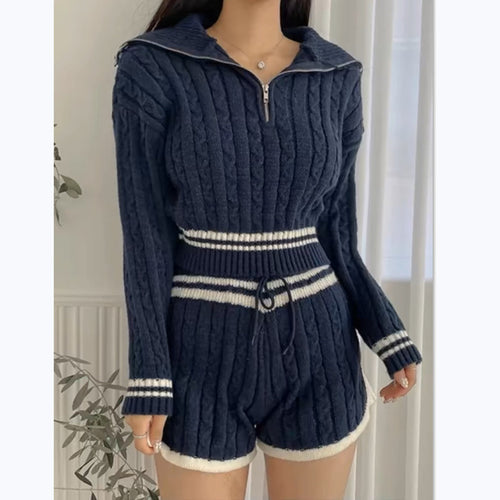 Knitted short sweater for women with a high collar and shorts in the Amarae set