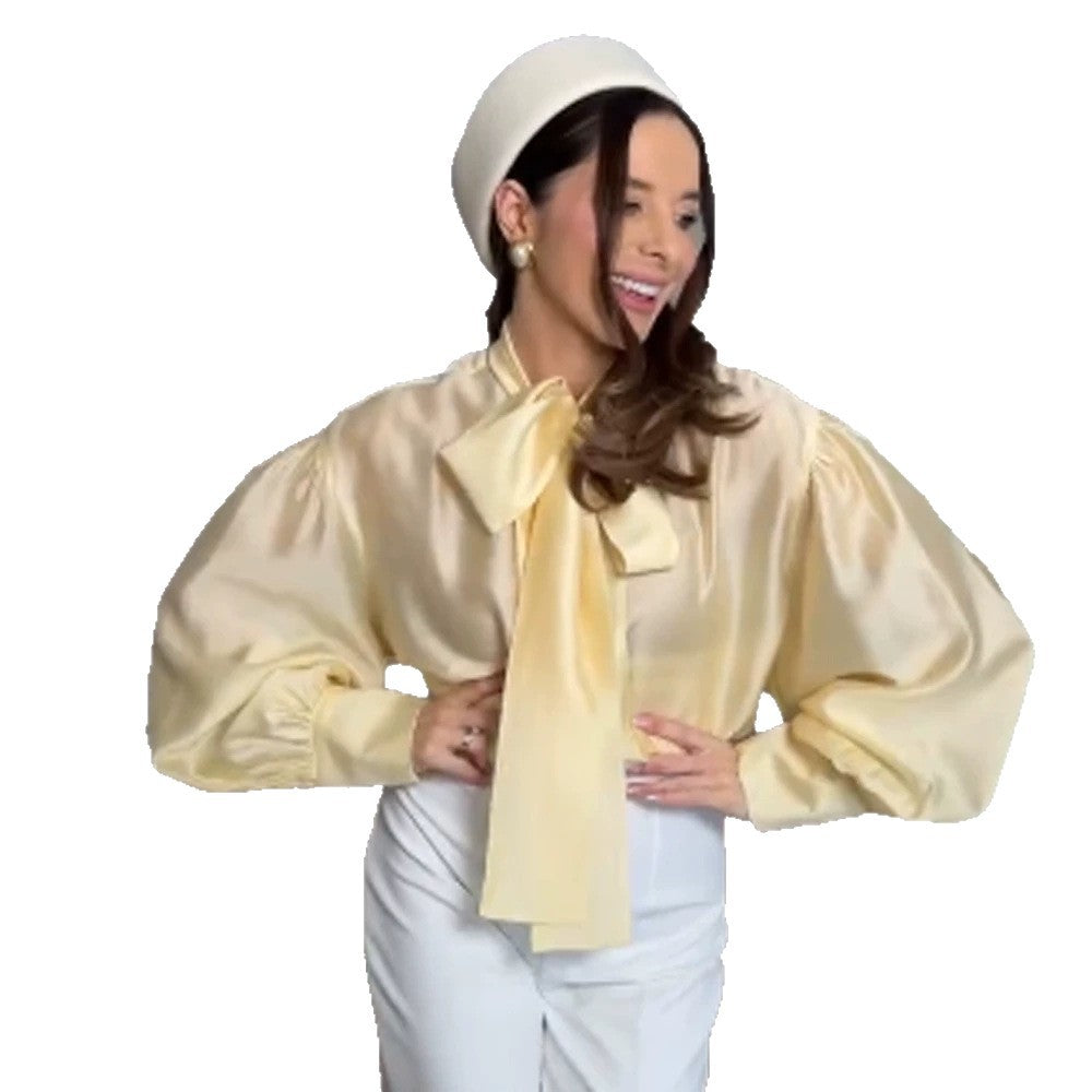 Women's Satin Bow Blouse with Balloon Sleeves & Wide Cuffs Amarae