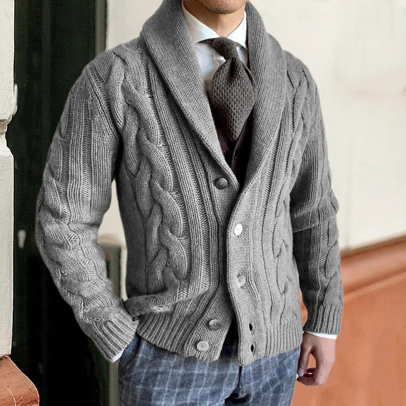 Coarse knit jacket for men with an elegant cable design and a modern collar Lune London