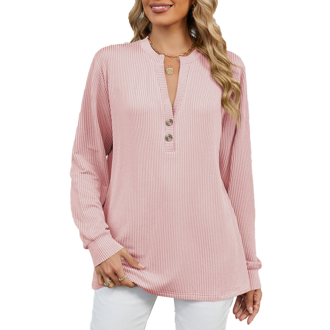Long sleeve women's t-shirt with a trendy Henley neckline and structured ribbed texture Lune London