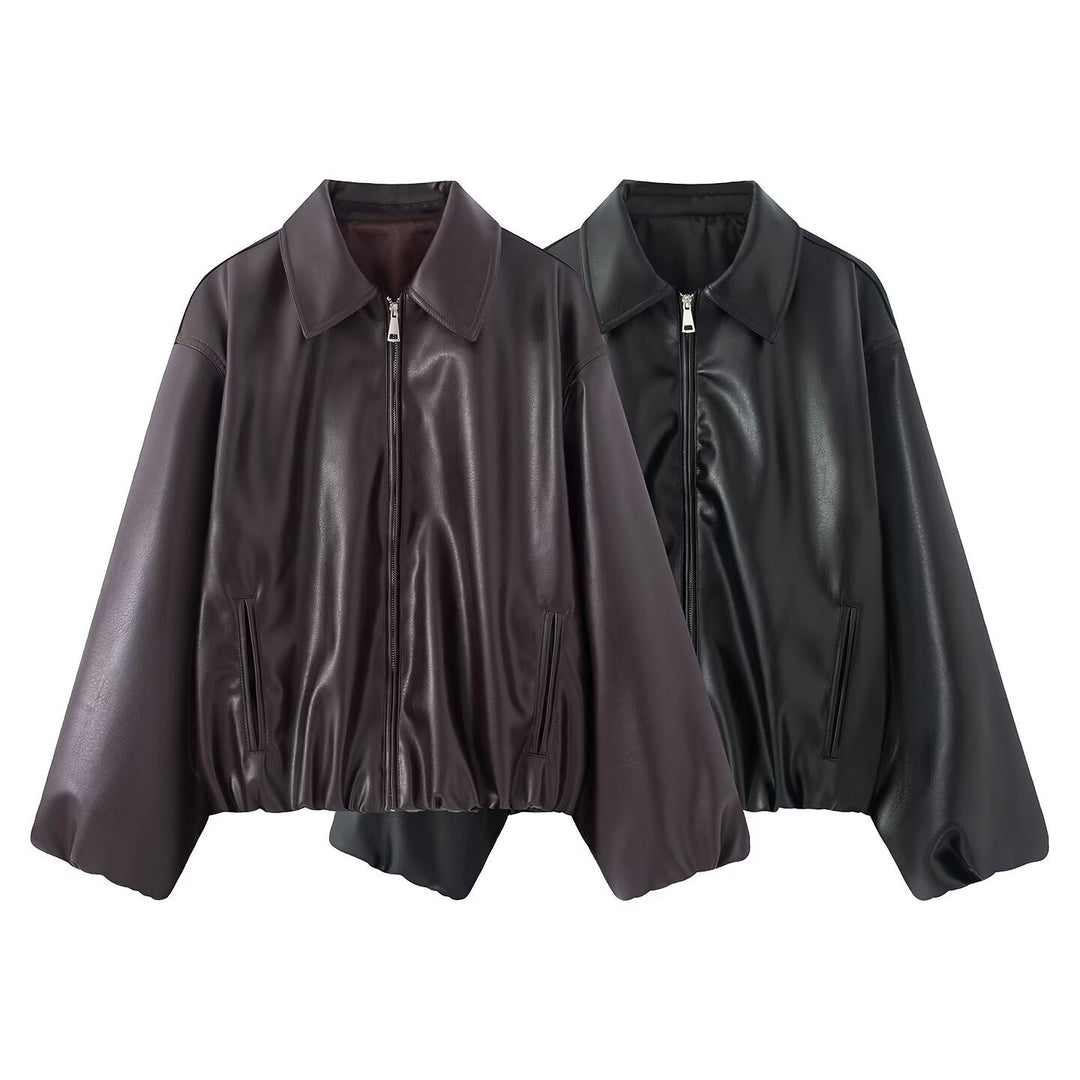 Women's Oversized Faux Leather Blouson Jacket with Collar, Zipper and Elastic Hem Amarae