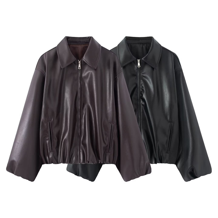 Women's Oversized Faux Leather Blouson Jacket with Collar, Zipper and Elastic Hem Amarae