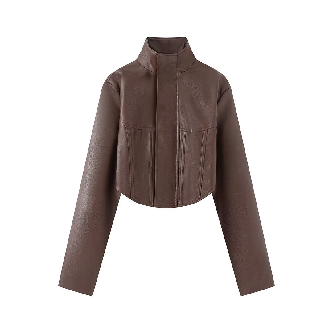 Ladies Cropped Leather-look Jacket with Tailored Corset Division and Standing Collar Amarae