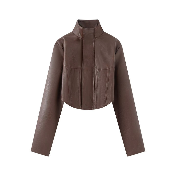 Ladies Cropped Leather-look Jacket with Tailored Corset Division and Standing Collar Amarae