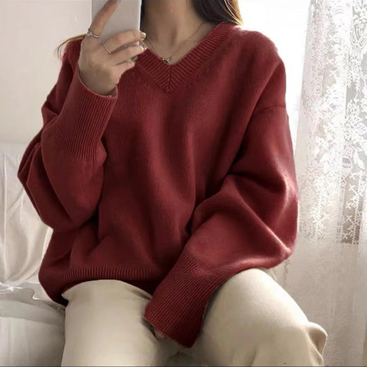 Pull en maille épaisse pour femme avec un décolleté en V, une coupe décontractée et des manches surdimensionnées Chic & Stil