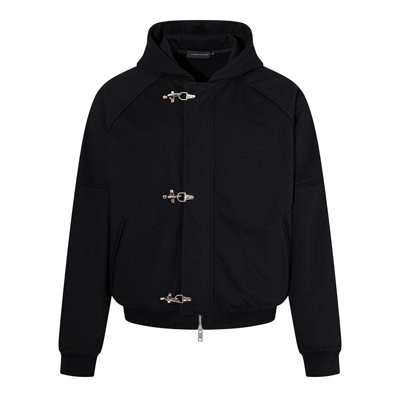 Women's hooded sweatshirt jacket in bomber style with carabiner buckle closure Amarae