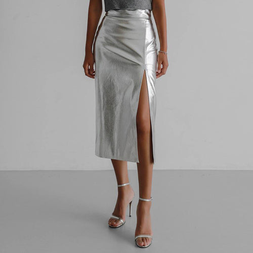 Shiny mid-length skirt for women with high slit and asymmetrical hem Amarae