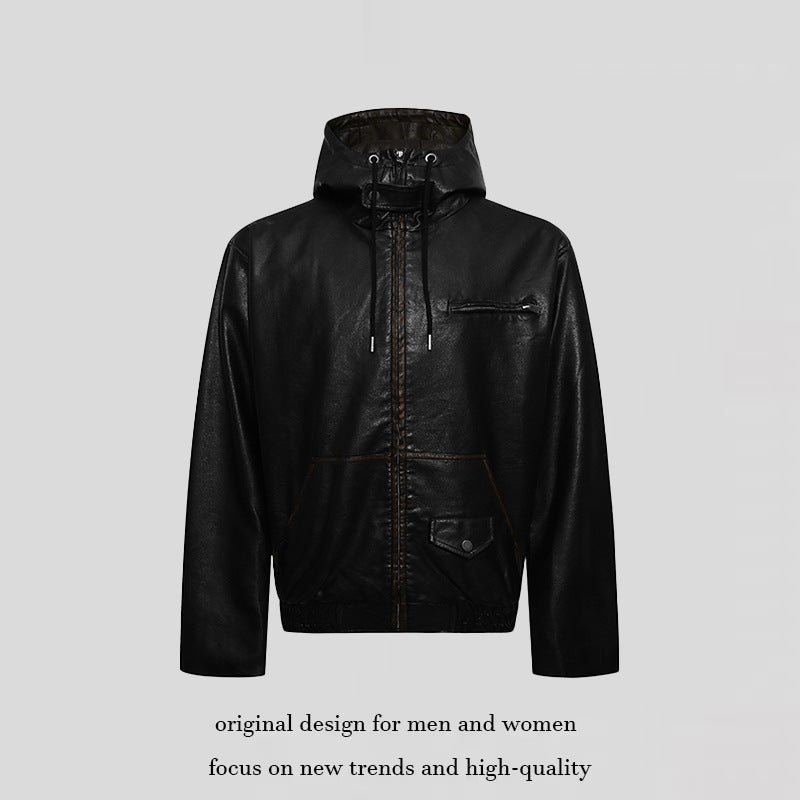 Men's Hooded Leather Jacket in Utility Style with Zipper and Kangaroo Pocket Amarae