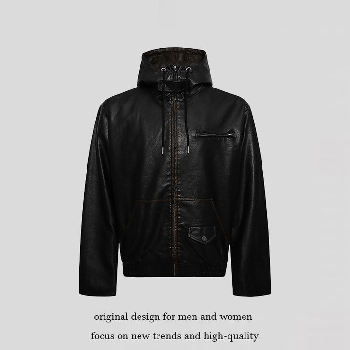 Men's Hooded Leather Jacket in Utility Style with Zipper and Kangaroo Pocket Amarae