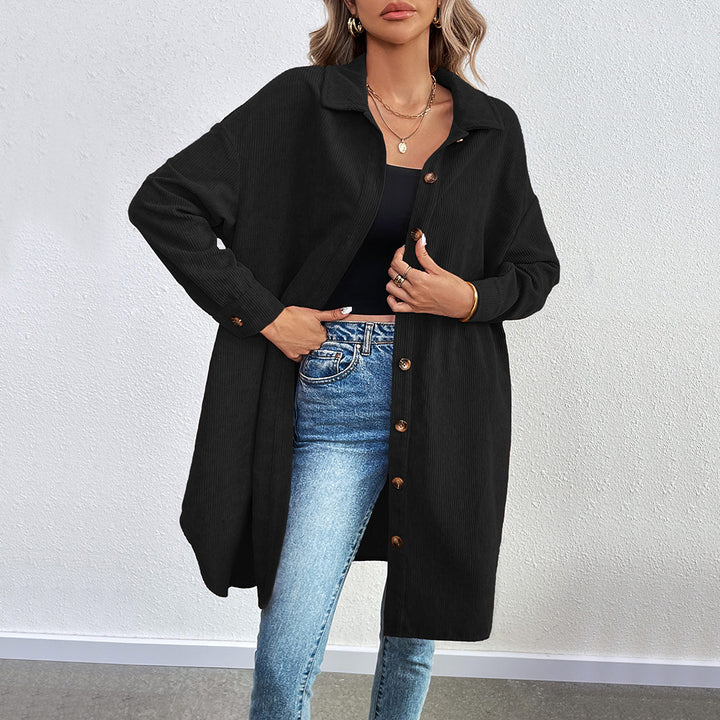 Veste chemise à manches longues pour femmes en corduroy doux avec patte de boutonnage Chic & Stil