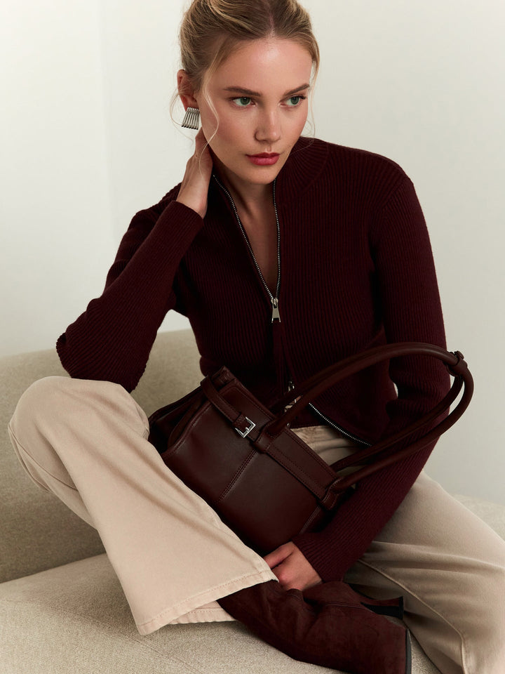 Women's Knit Sweater with High Collar and Zipper Lune London