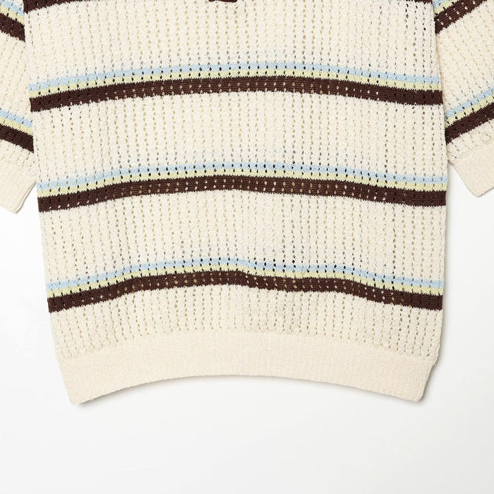Women's short-sleeve polo pullover made of openwork knit with open V-neck Amarae