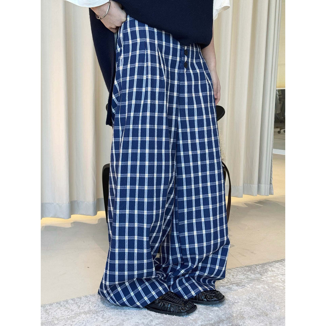 Women's High-waisted, Flowing Checked Maxi Skirt with Pleats and Button Detail Amarae