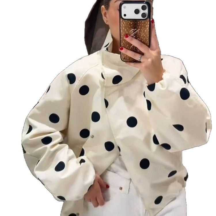 Women's cropped bomber jacket with oversized shawl collar and polka dot print Amarae