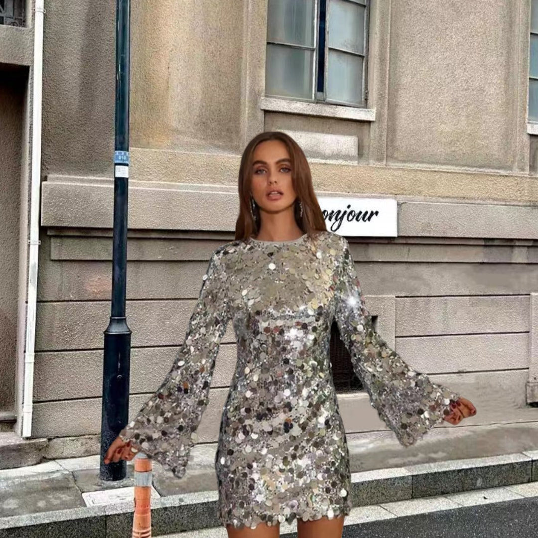 Women's Sparkling Sequin Cocktail Dress with Flared Sleeves Lune London