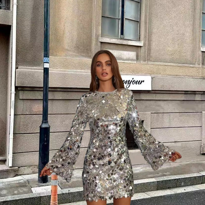 Women's Sparkling Sequin Cocktail Dress with Flared Sleeves Lune London
