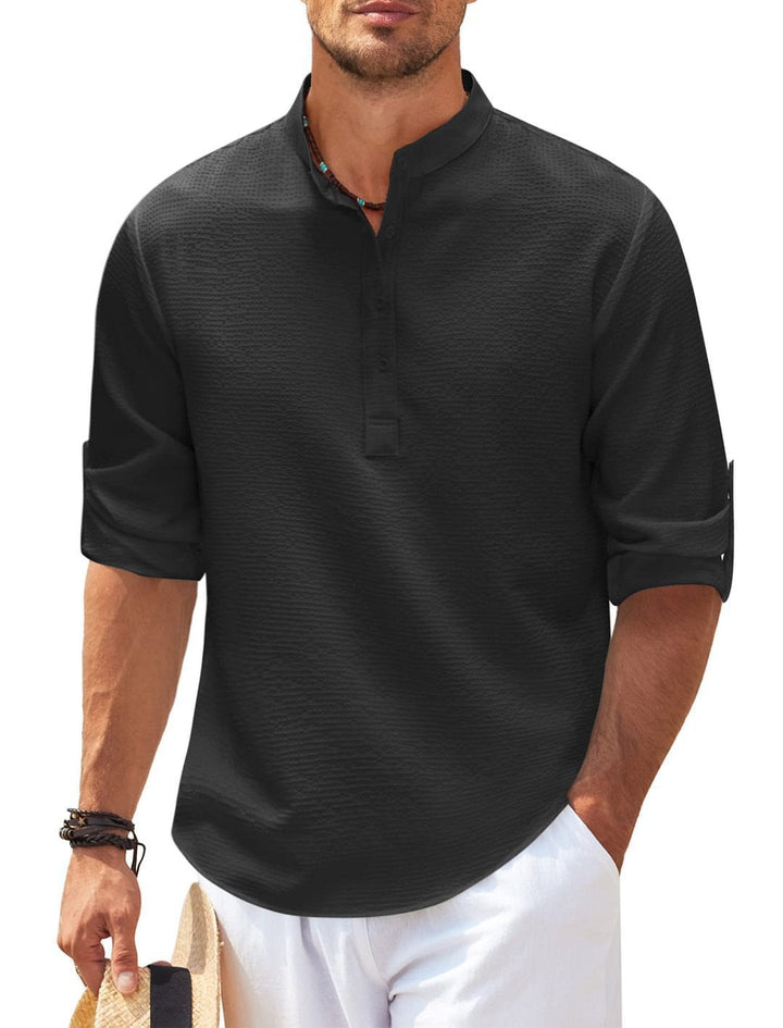 Men's Casual Long Sleeve Shirt with Stand-Up Collar and Ribbed Texture Lune London