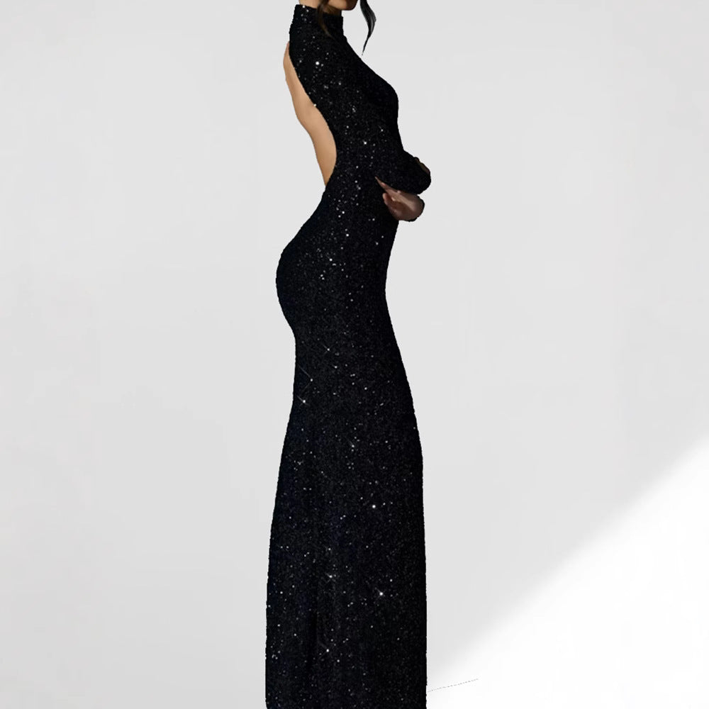 Women's Glamorous Evening Dress with Long Sleeve and Shimmering Slit