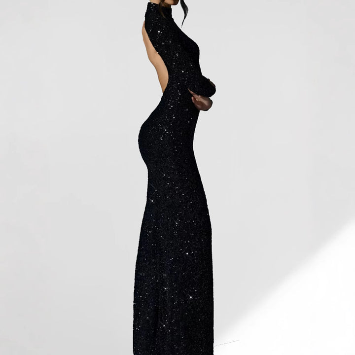 Women's Glamorous Evening Dress with Long Sleeve and Shimmering Slit