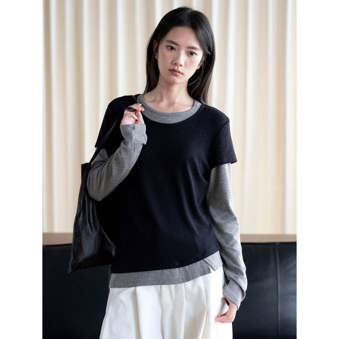 Women's Layered Look Long Sleeve with Short Overshirt Overlay Amarae